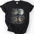 Black graphic cat t shirt with moonlit Siberian cat artwork and full moon, folded flat