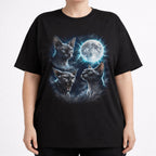 Model wearing a black Moonlit Sphynx graphic cat t shirt with blue cat and moon artwork