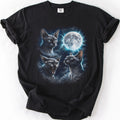 Black graphic cat tee featuring a blue sphynx cat design with a glowing full moon, folded flat