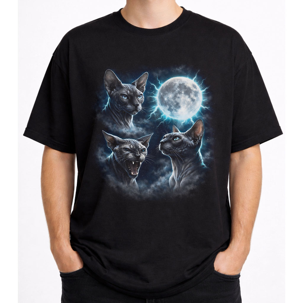 Front view of black graphic cat tee on a model with moonlit sphynx cat artwork