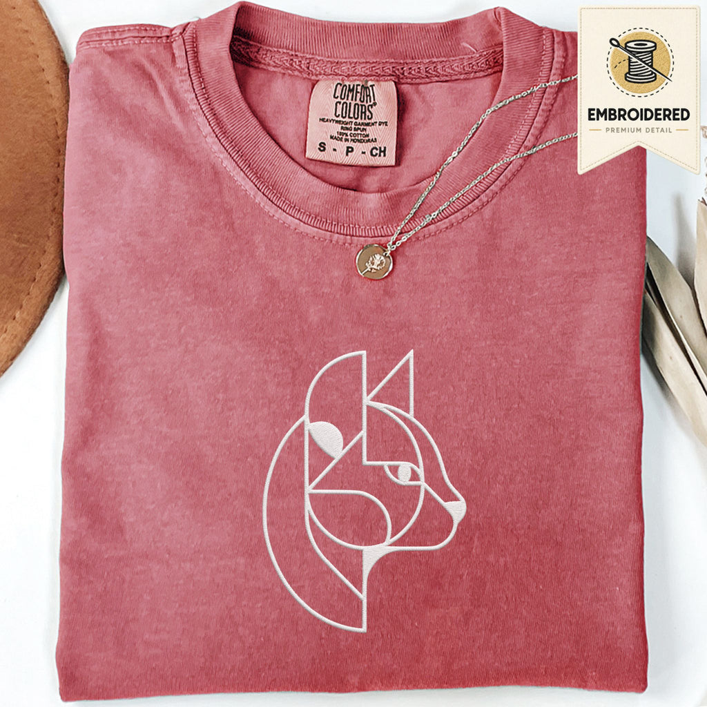 Crimson Comfort Colors 1717 t shirt with abstract cat embroidery style line art design