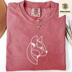 Crimson Comfort Colors 1717 t shirt with abstract cat embroidery style line art design