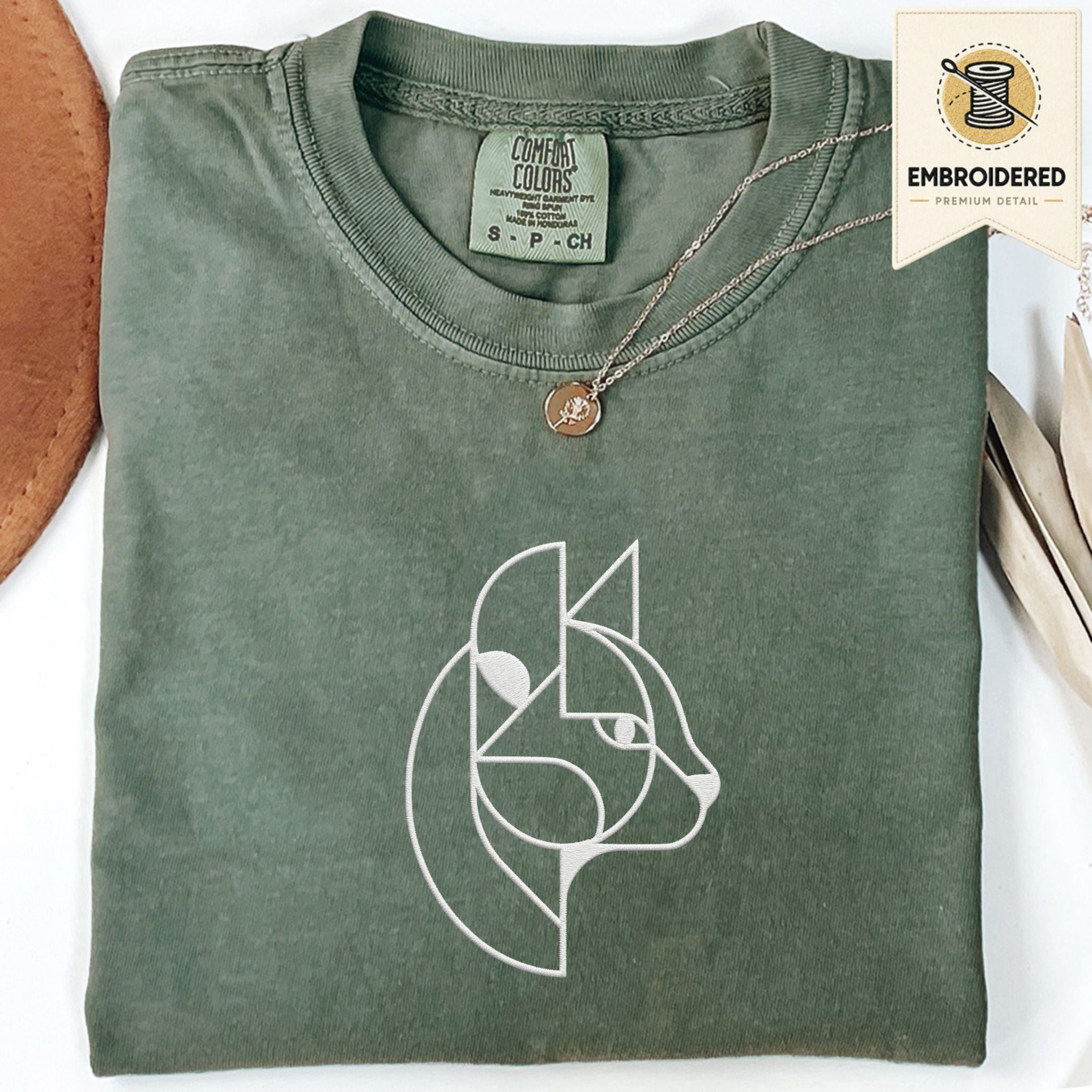 Moss green Comfort Colors 1717 t shirt with abstract cat embroidery style line art design