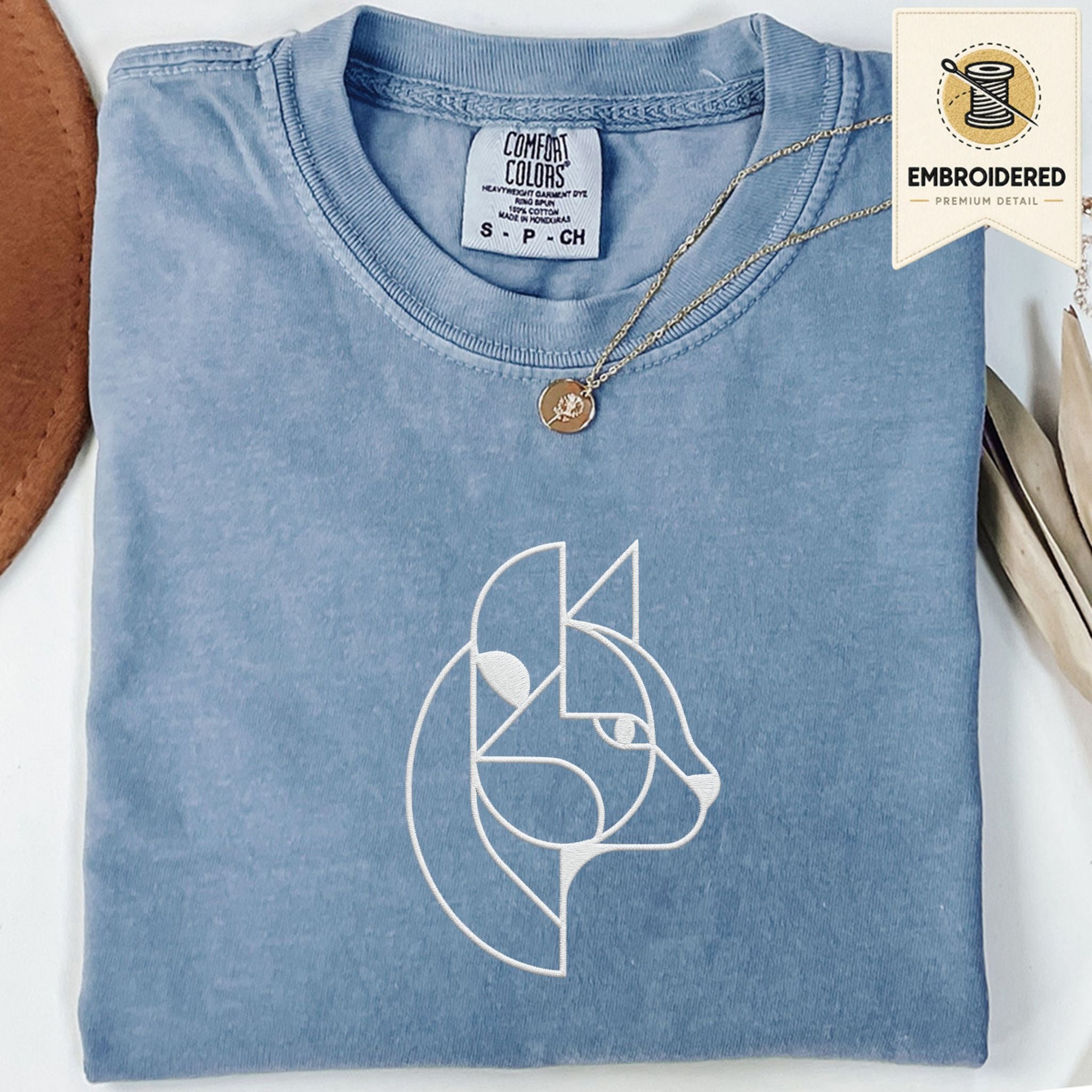 Blue Jean Comfort Colors 1717 t shirt with abstract cat embroidery style line art design