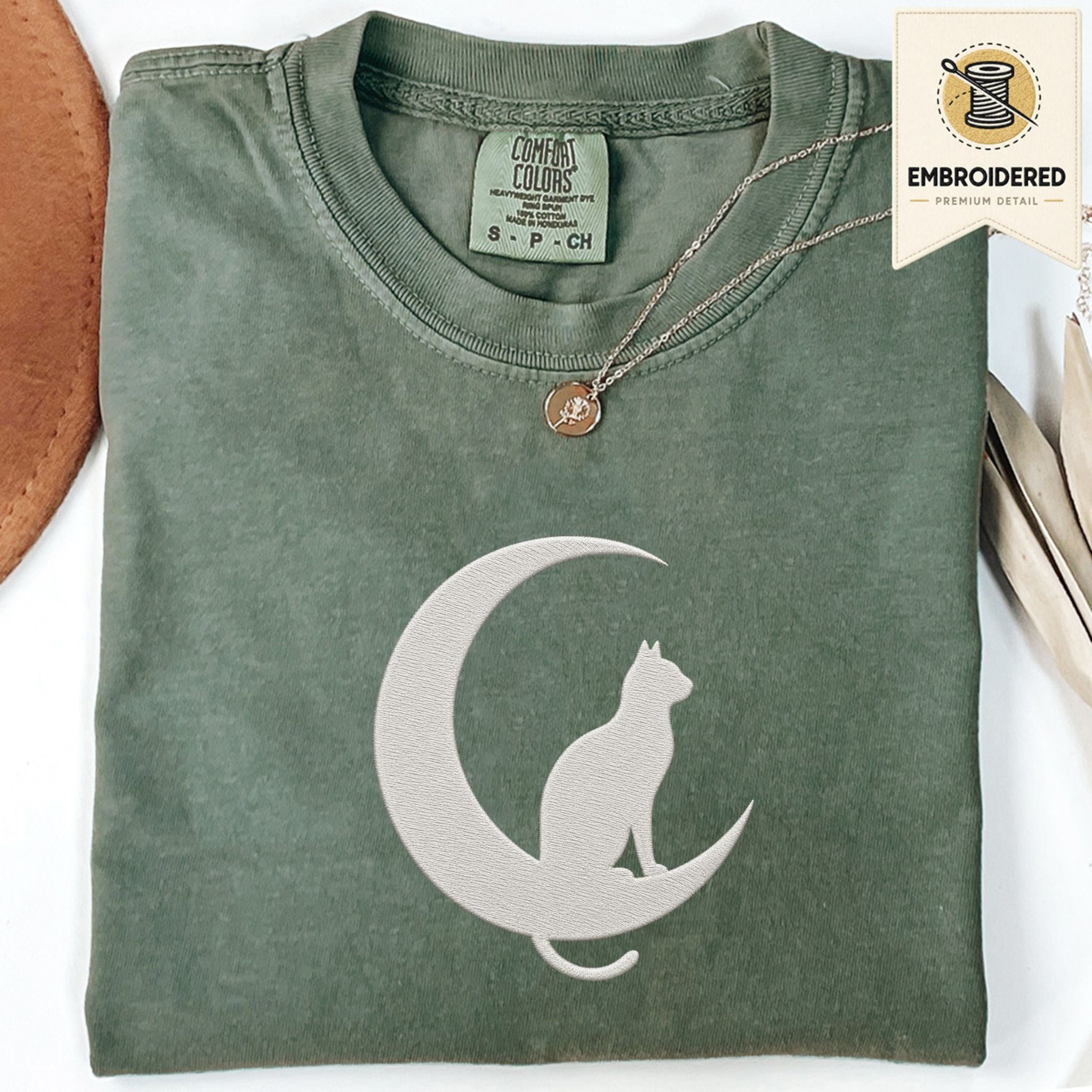 Moss Comfort Colors 1717 t shirt with crescent moon and cat embroidered style design