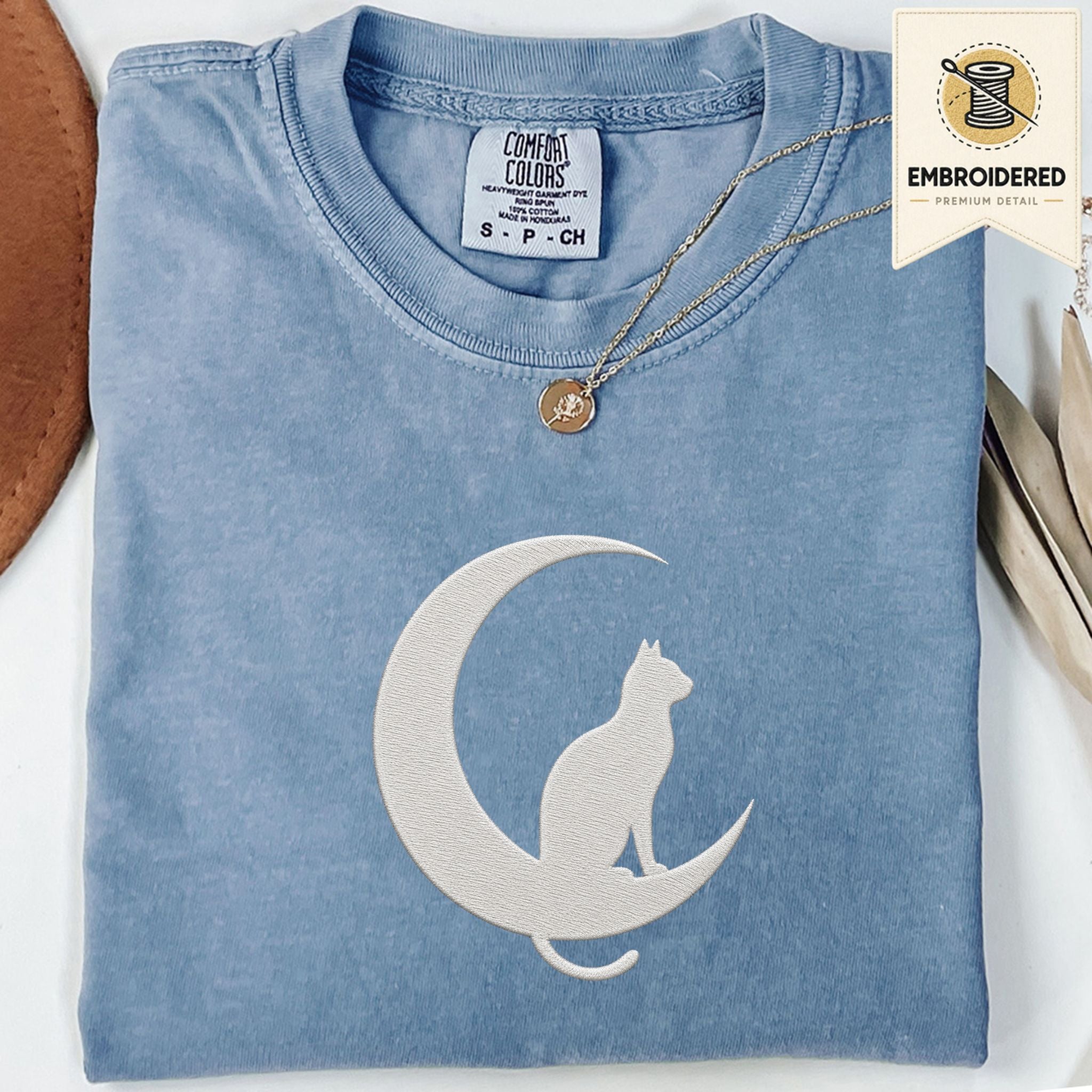 Blue Jean Comfort Colors 1717 t shirt with crescent moon and cat embroidered style design