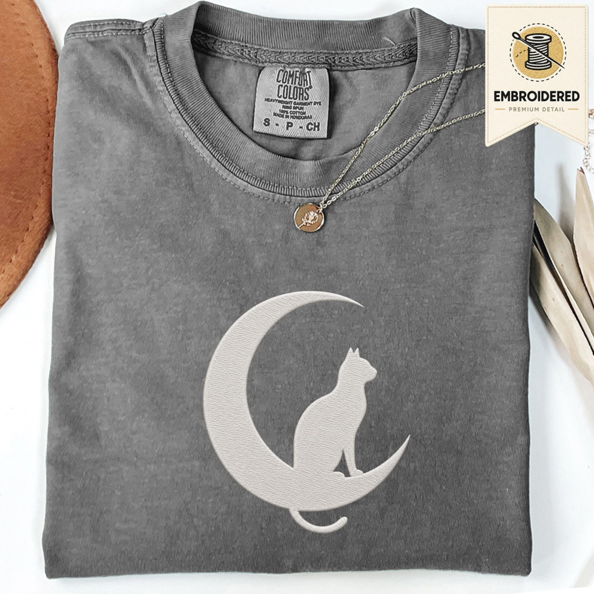 Pepper Comfort Colors 1717 t shirt with crescent moon and cat embroidered style design