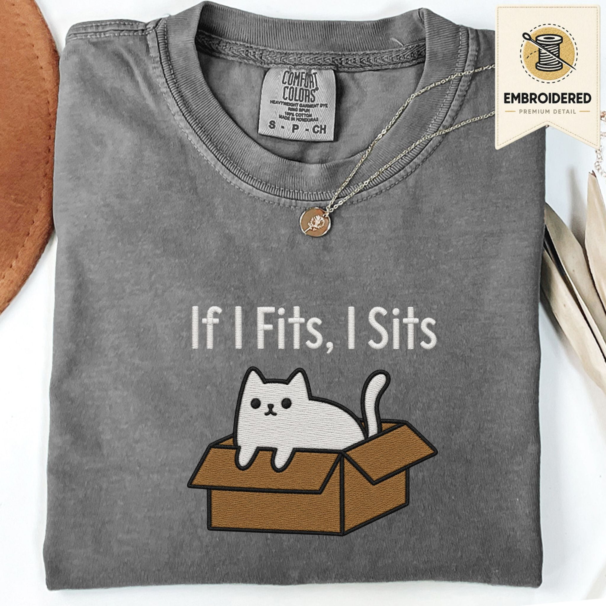 Pepper Comfort Colors 1717 t shirt with If I Fits, I Sits cat in box embroidered style design