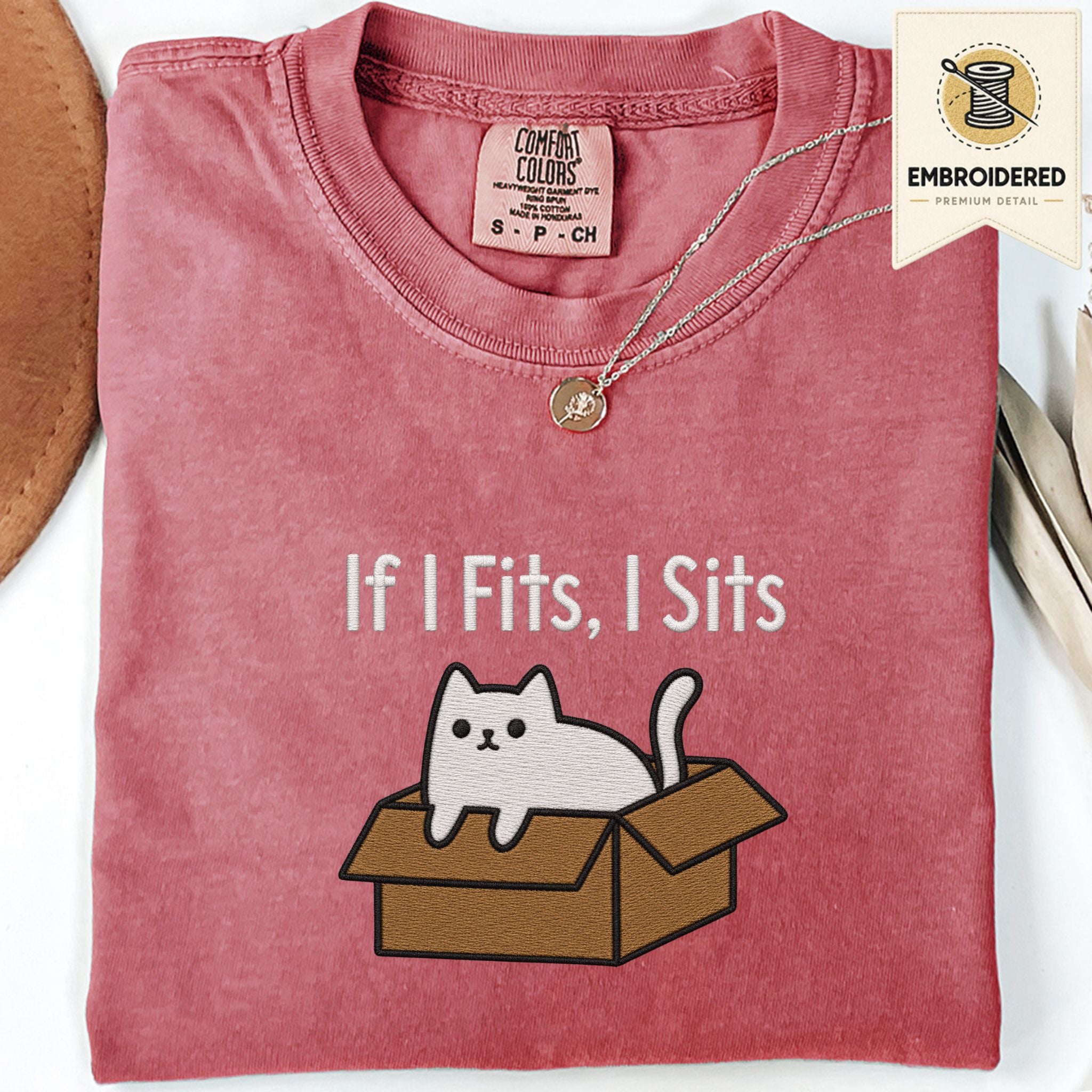 Crimson Comfort Colors 1717 t shirt with If I Fits, I Sits cat in box embroidered style design