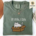 Moss Comfort Colors 1717 t shirt with If I Fits, I Sits cat in box embroidered style design