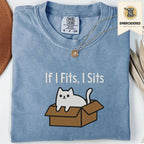 Blue Jean Comfort Colors 1717 t shirt with If I Fits, I Sits cat in box embroidered style design, folded flat