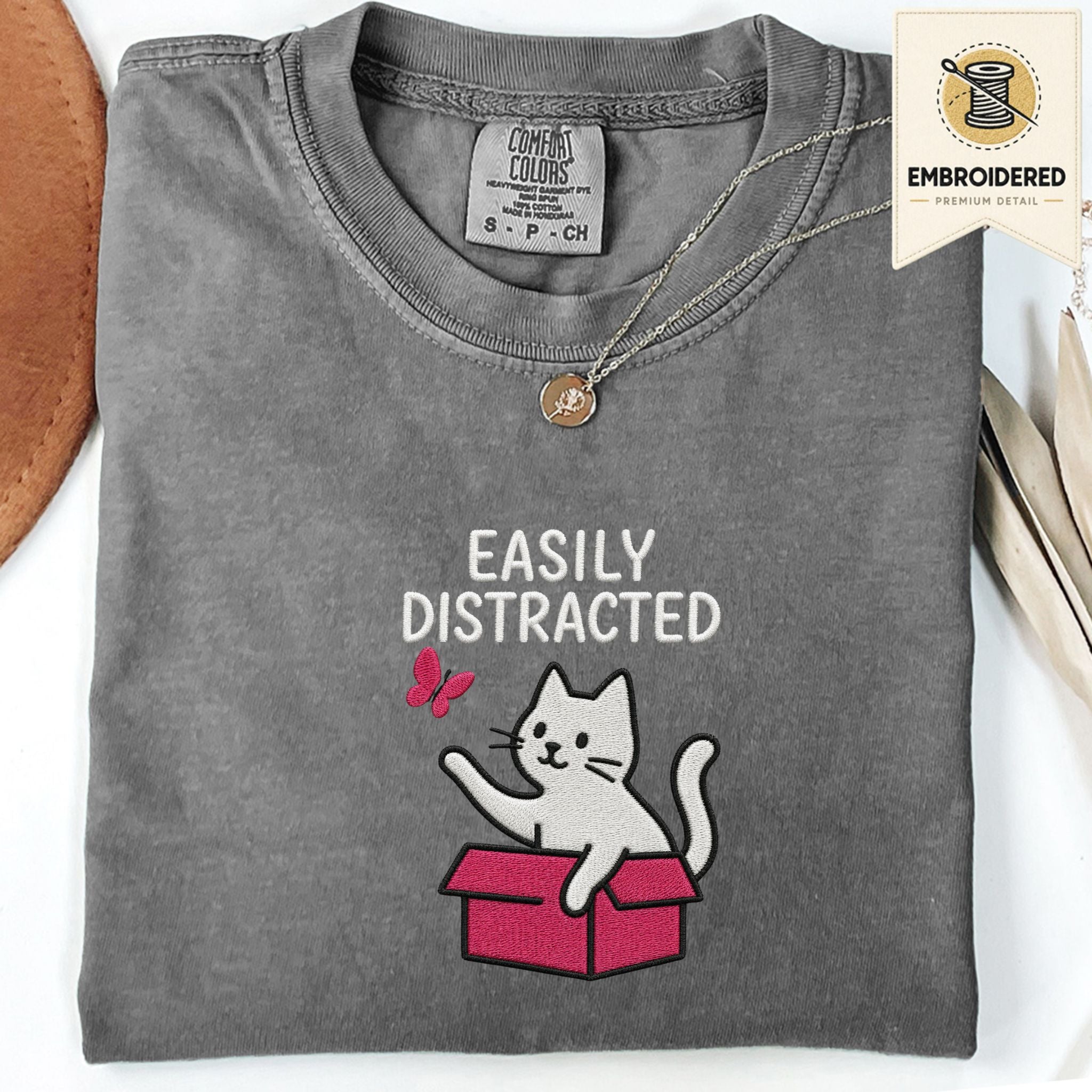 Pepper Comfort Colors 1717 t shirt with Easily Distracted cat in box embroidered style design