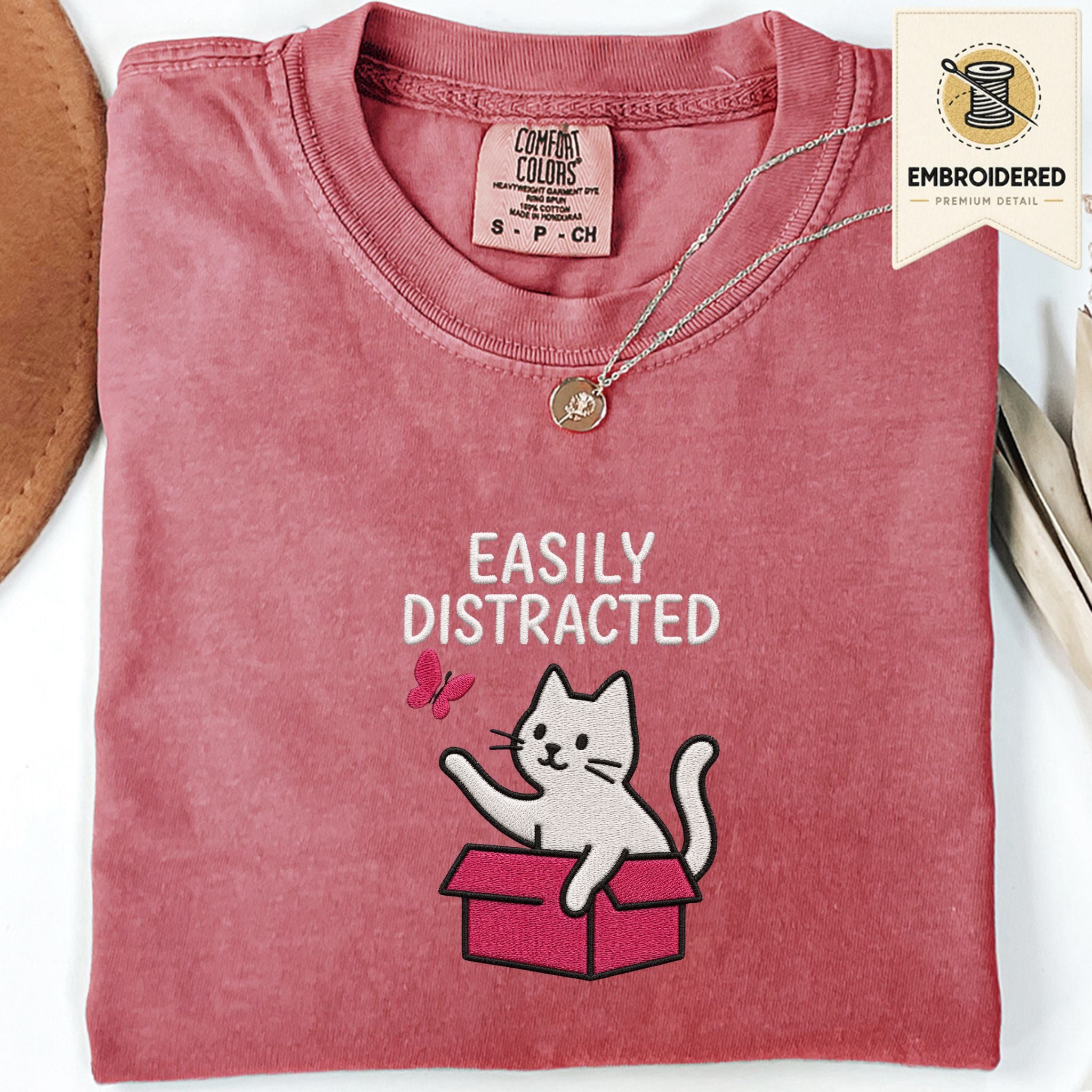 Crimson Comfort Colors 1717 t shirt with Easily Distracted cat in box embroidered style design