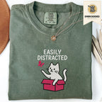 Moss Comfort Colors 1717 t shirt with Easily Distracted text and cat in box embroidered style design, folded flat