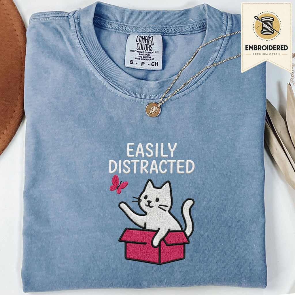 Blue Jean Comfort Colors 1717 t shirt with Easily Distracted cat in box embroidered style design