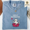 Blue Jean Comfort Colors 1717 t shirt with Easily Distracted cat in box embroidered style design