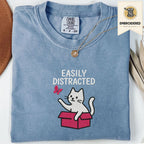 Blue Jean Comfort Colors 1717 t shirt with Easily Distracted cat in box embroidered style design