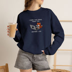 Model wearing navy Before I Do embroidered cat sweatshirt, holding iced coffee