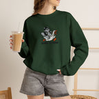 Model wearing forest green Born to Honk embroidered cat sweatshirt, holding iced coffee