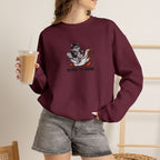 Model wearing maroon Born to Honk embroidered cat sweatshirt, holding iced coffee