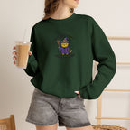 Model wearing forest green Commit Shenanigans embroidered cat sweatshirt, holding iced coffee