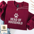 Maroon embroidered cat sweatshirt with a paw and Head of Household chest design, shown flat