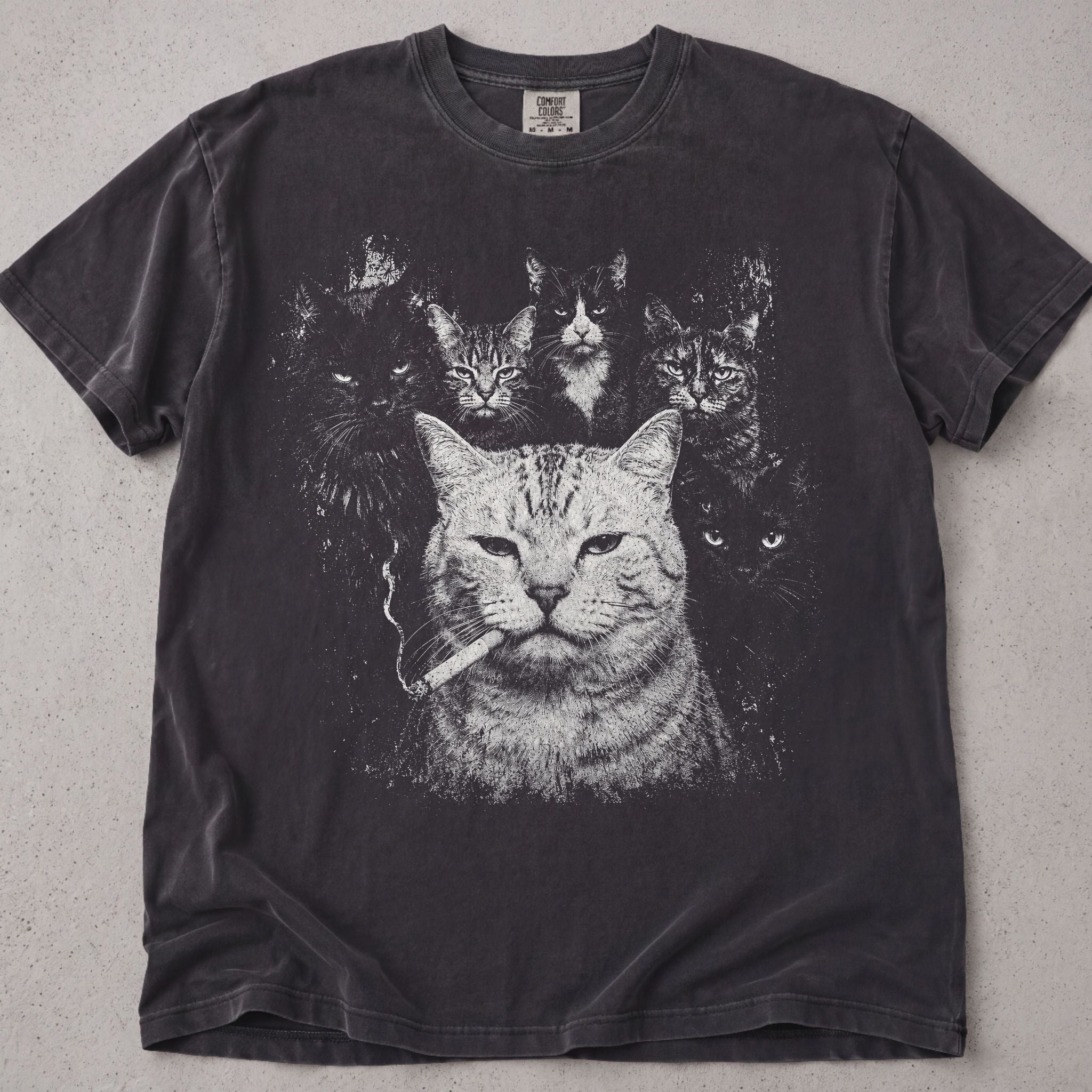 Pepper brown cat t-shirt with Cat Gang printed graphic, funny cat lover tee on soft Comfort Colors cotton, flat lay front view