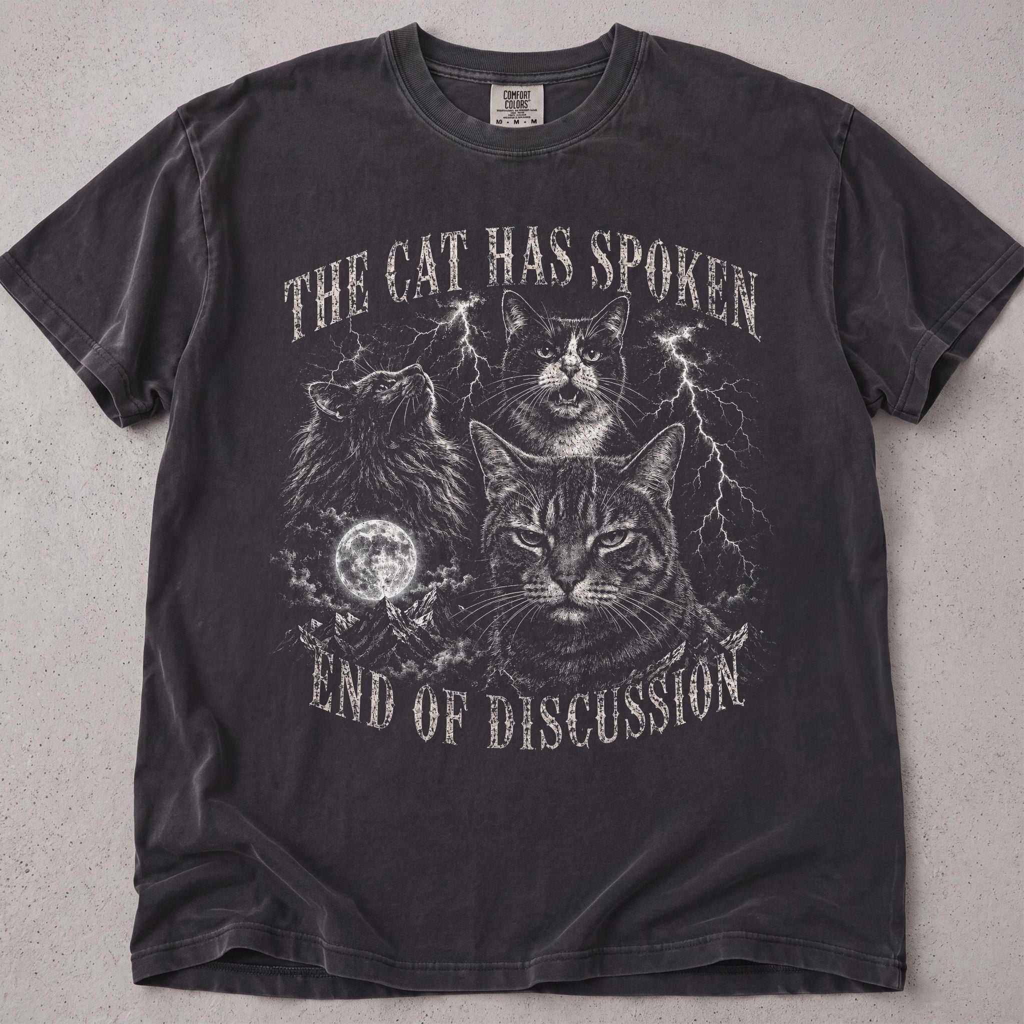 Pepper brown cat t-shirt with The Cat Has Spoken printed graphic, funny cat lover tee on soft Comfort Colors cotton, flat lay front view