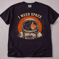 Black cat t-shirt with I Need Space printed graphic, funny cat lover tee on soft Comfort Colors cotton, flat lay front view