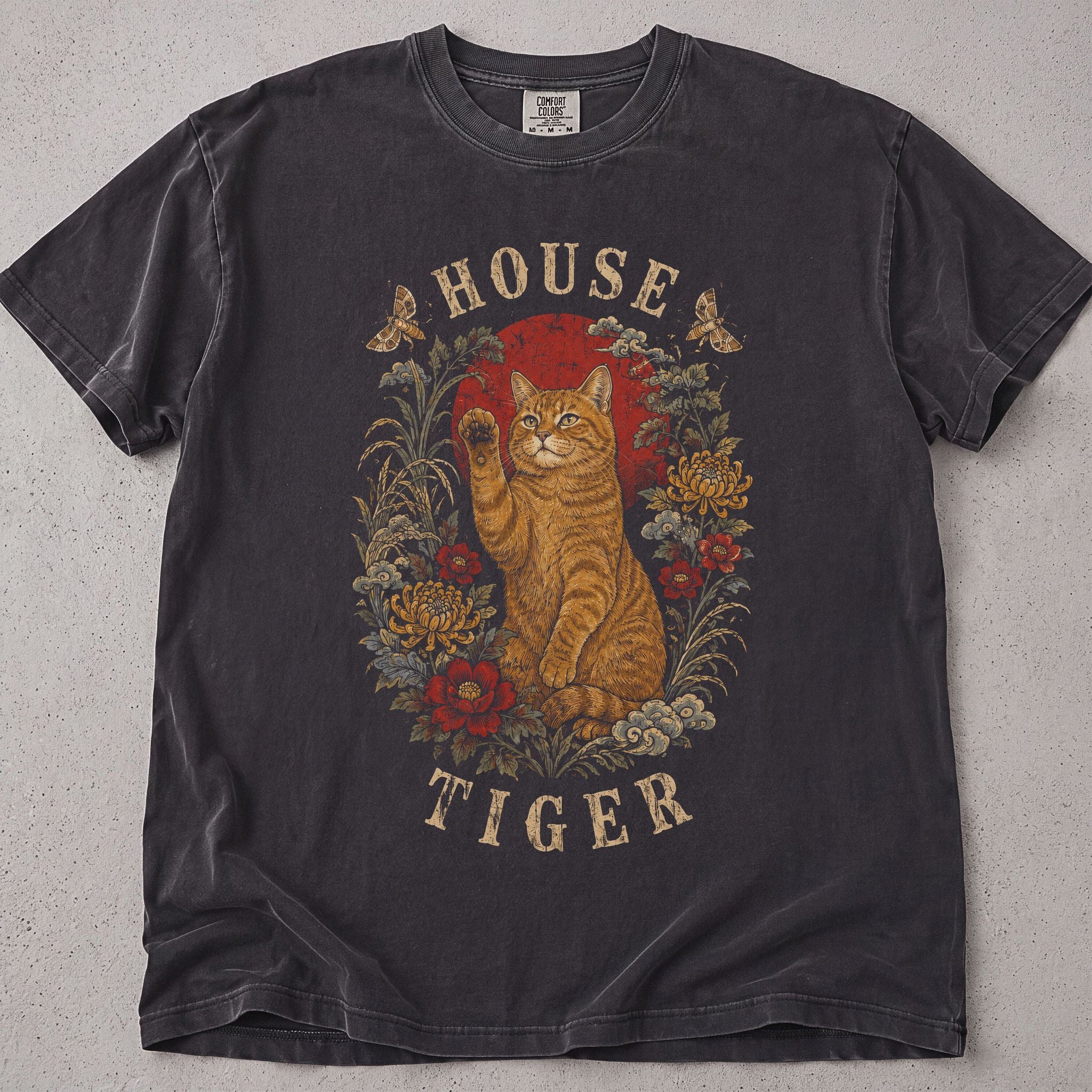 Pepper brown cat t-shirt with House Tiger printed graphic, cat lover tee on soft Comfort Colors cotton, flat lay front view