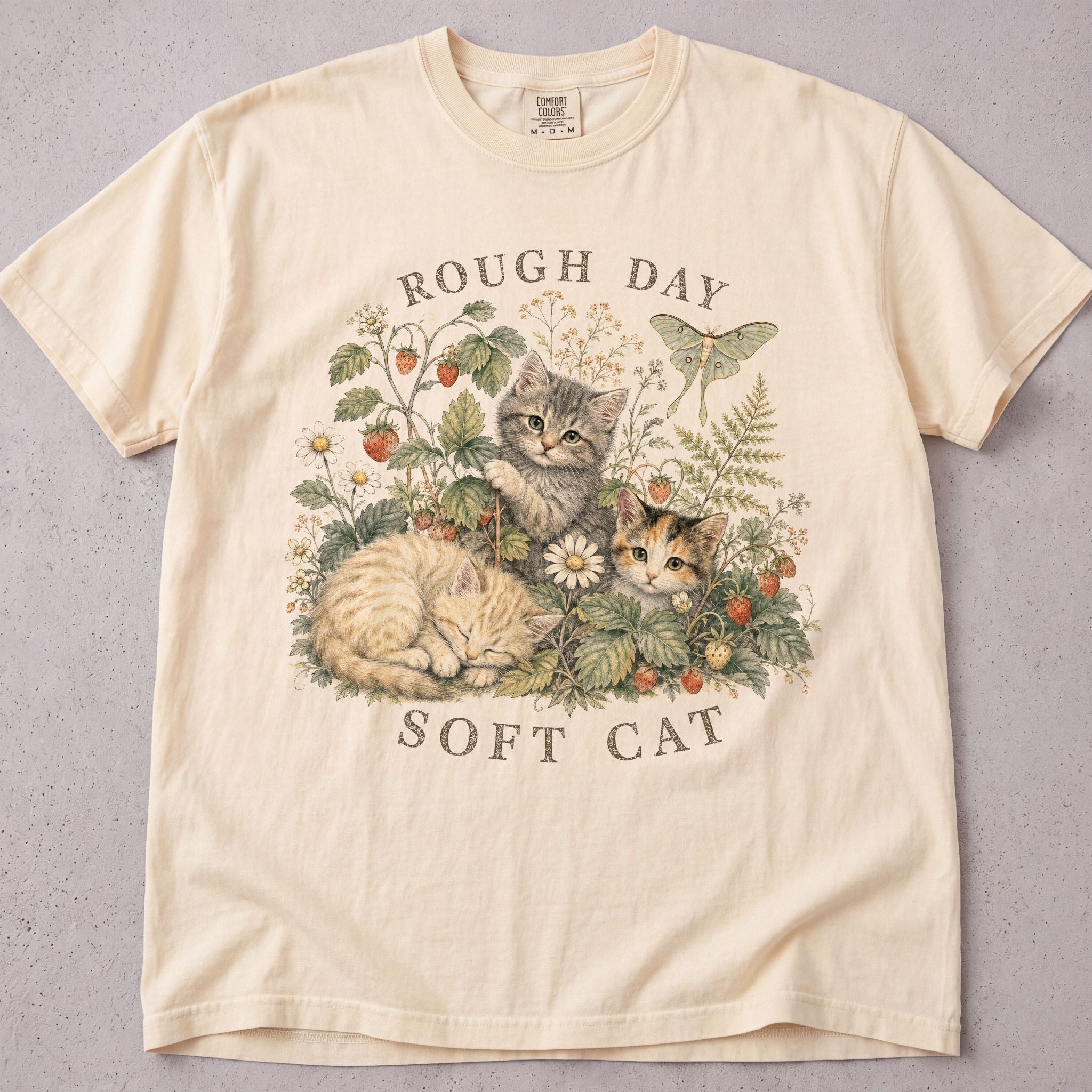 Ivory cat t-shirt with Rough Day Soft Cat printed graphic, cat lover tee on soft Comfort Colors cotton, flat lay front view