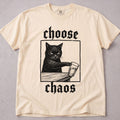Ivory cat t-shirt with Choose Chaos printed graphic, funny cat lover tee on soft Comfort Colors cotton, flat lay front view