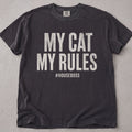 Pepper brown cat t-shirt with My Cat My Rules Houseboss printed text graphic, funny cat lover tee on soft Comfort Colors cotton, flat lay front view