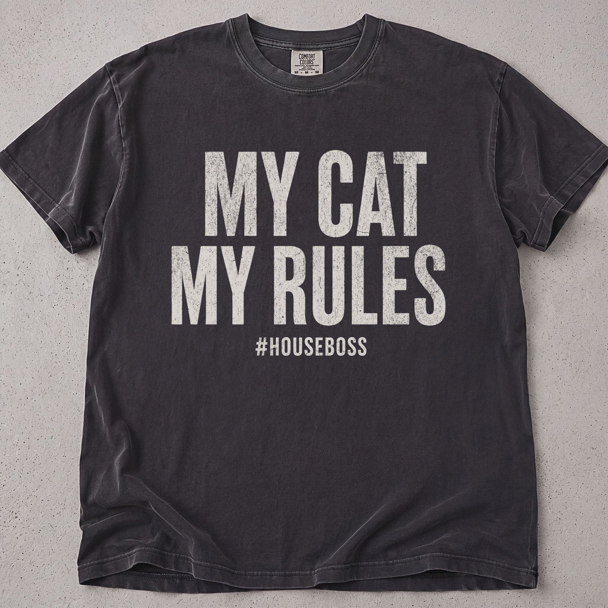 Pepper brown cat t-shirt with My Cat My Rules Houseboss printed text graphic, funny cat lover tee on soft Comfort Colors cotton, flat lay front view