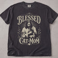 Pepper brown cat mom t-shirt with an ornate Blessed Cat Mom illustration, cat lover tee on soft Comfort Colors cotton, flat lay front view