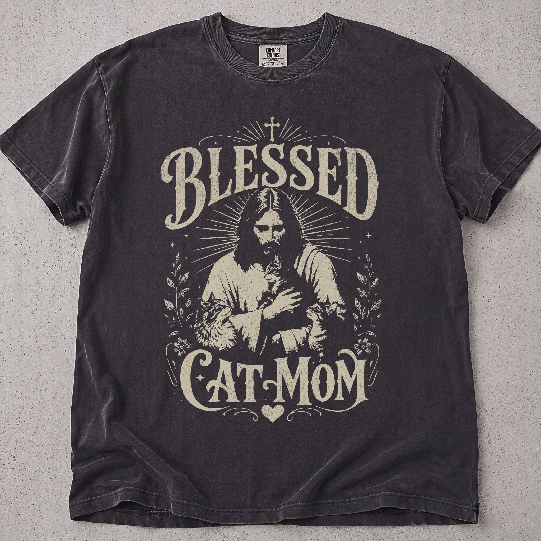 Pepper brown cat mom t-shirt with an ornate Blessed Cat Mom illustration, cat lover tee on soft Comfort Colors cotton, flat lay front view