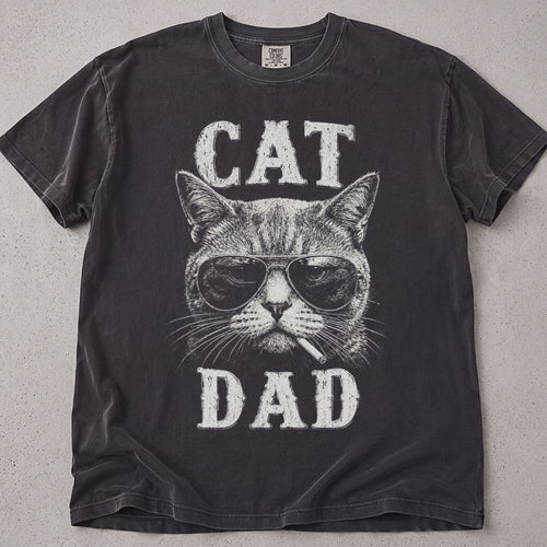 Pepper brown cat dad t-shirt with a cool cat wearing sunglasses and Cat Dad text, cat lover tee on soft Comfort Colors cotton, flat lay front view