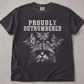 Pepper brown cat t-shirt with a cat and kittens Proudly Outnumbered graphic, funny cat lover tee on soft Comfort Colors cotton, flat lay front view