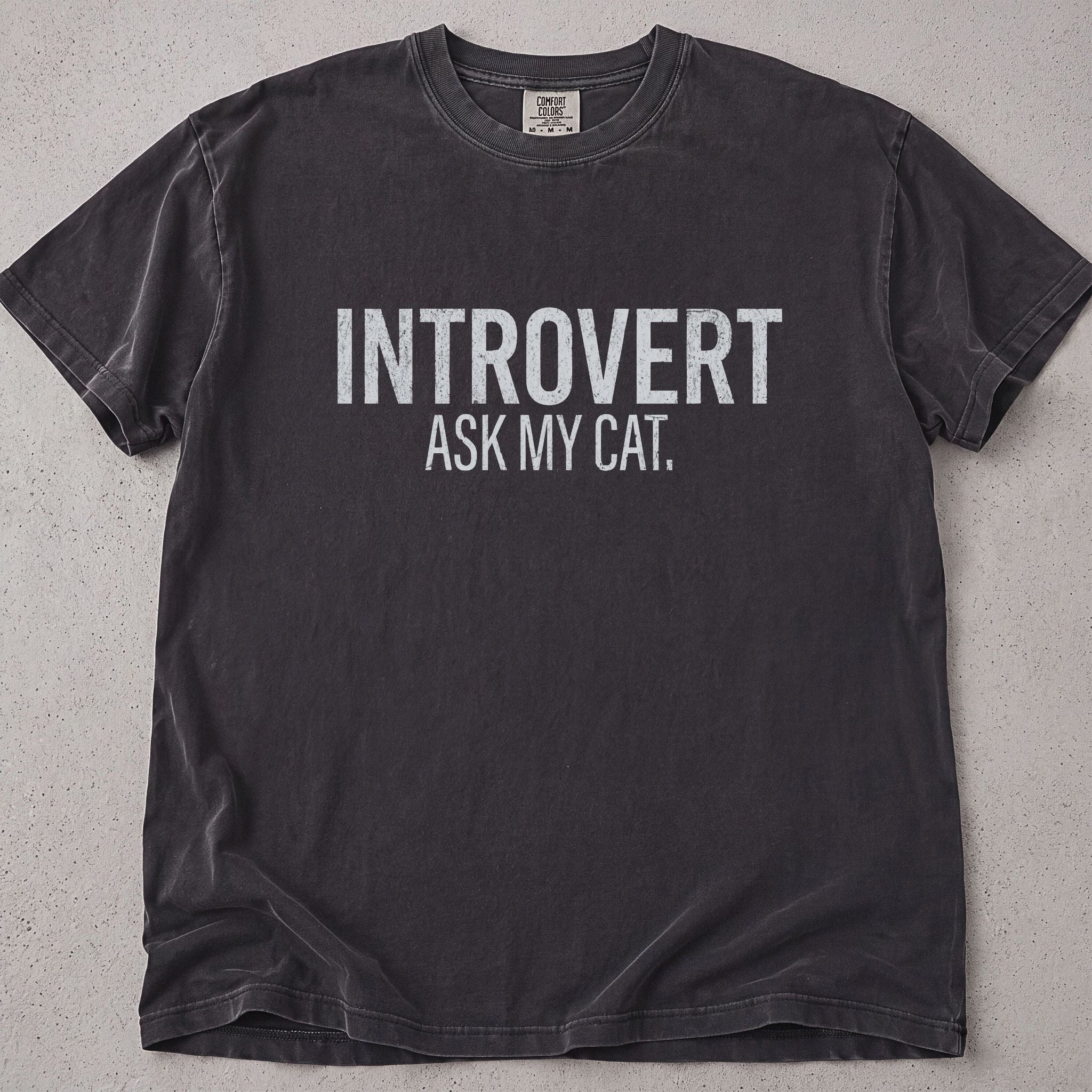 Pepper brown cat t-shirt with Introvert Ask My Cat printed text graphic, funny cat lover tee on soft Comfort Colors cotton, flat lay front view