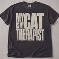 Pepper brown cat t-shirt with My Cat Is My Therapist printed text graphic, funny cat lover tee on soft Comfort Colors cotton, flat lay front view