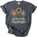 Pepper Purrs Make Days Brighter t-shirt with retro flowers and cat faces, front flat lay