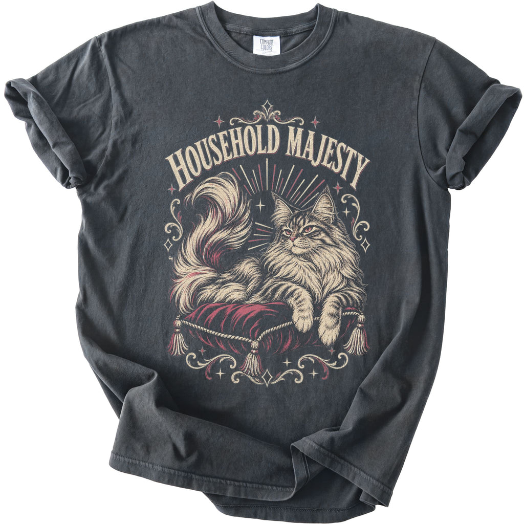 Pepper Household Majesty cat t-shirt with an ornate regal cat graphic, front flat lay
