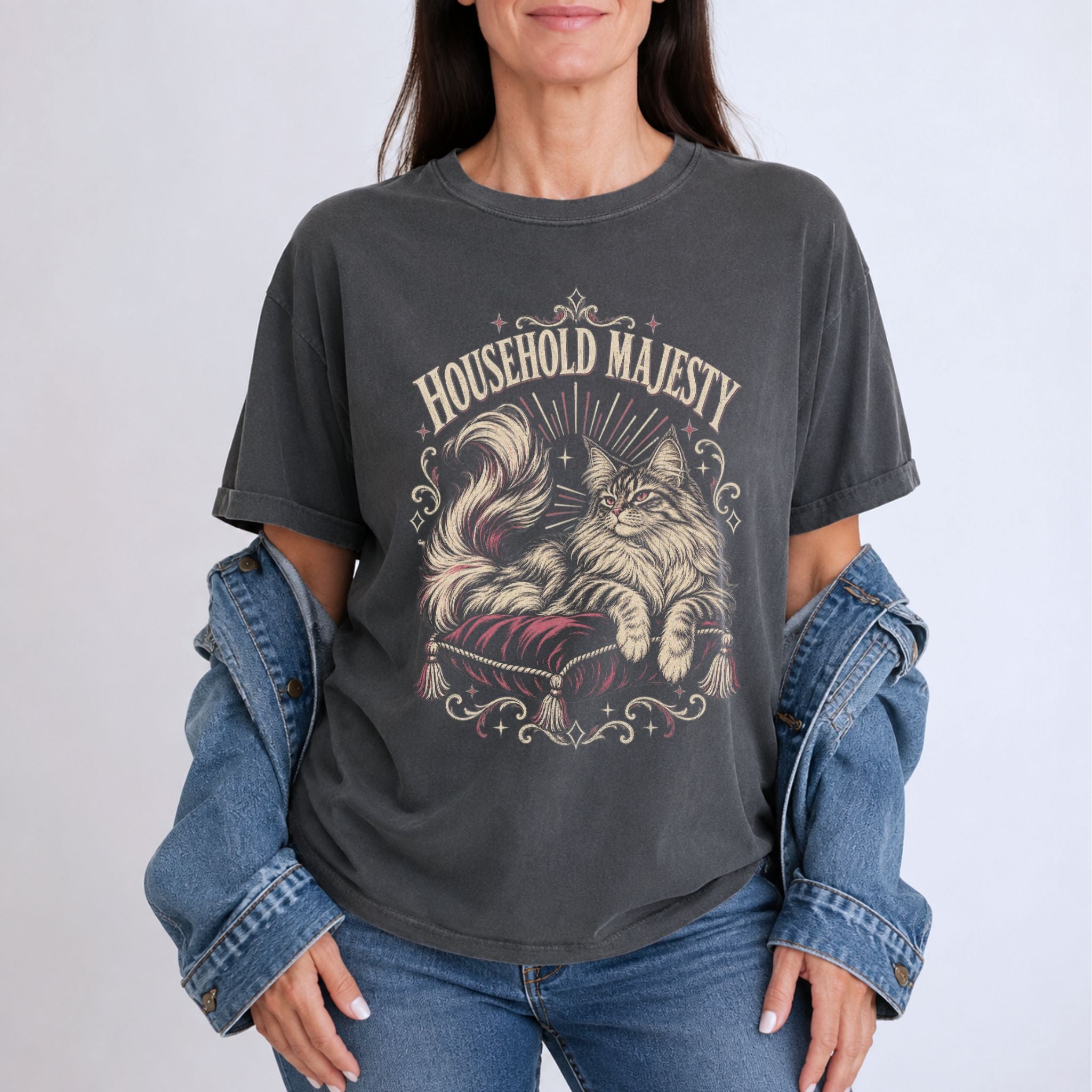 Woman wearing a Pepper Household Majesty t-shirt with an ornate vintage cat graphic