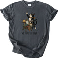 Pepper We Thrift At Dawn t-shirt with a tuxedo cat and thrift cart graphic, front flat lay