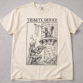 Ivory cat t-shirt with a medieval castle cat illustration and Tribute Denied text