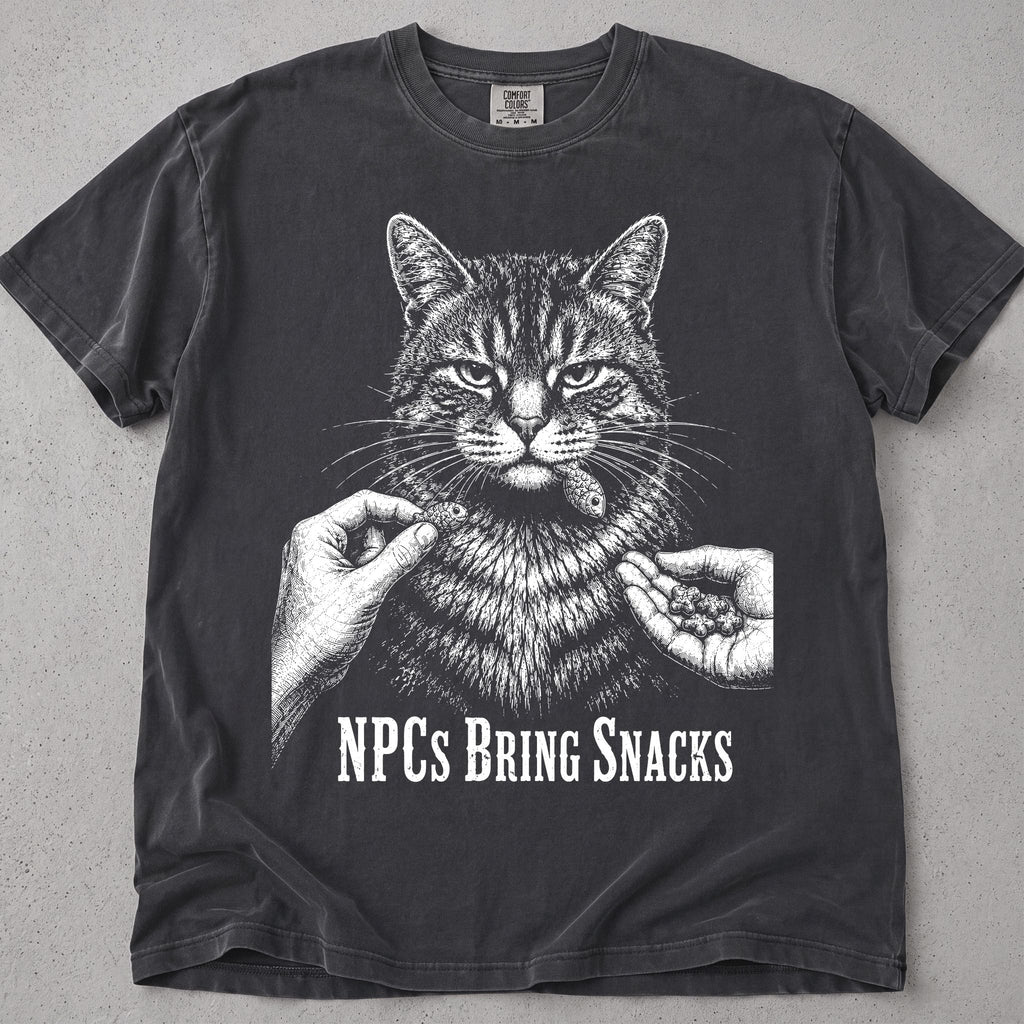 Pepper NPCs Bring Snacks t-shirt with a tabby cat and hands offering treats, front flat lay