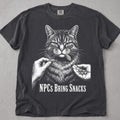 Pepper NPCs Bring Snacks t-shirt with a tabby cat and hands offering treats, front flat lay