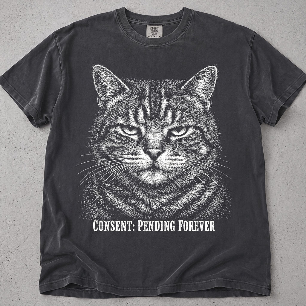 Pepper Pending Forever cat t-shirt with a stern tabby cat graphic, front flat lay