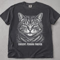 Pepper Pending Forever cat t-shirt with a stern tabby cat graphic, front flat lay