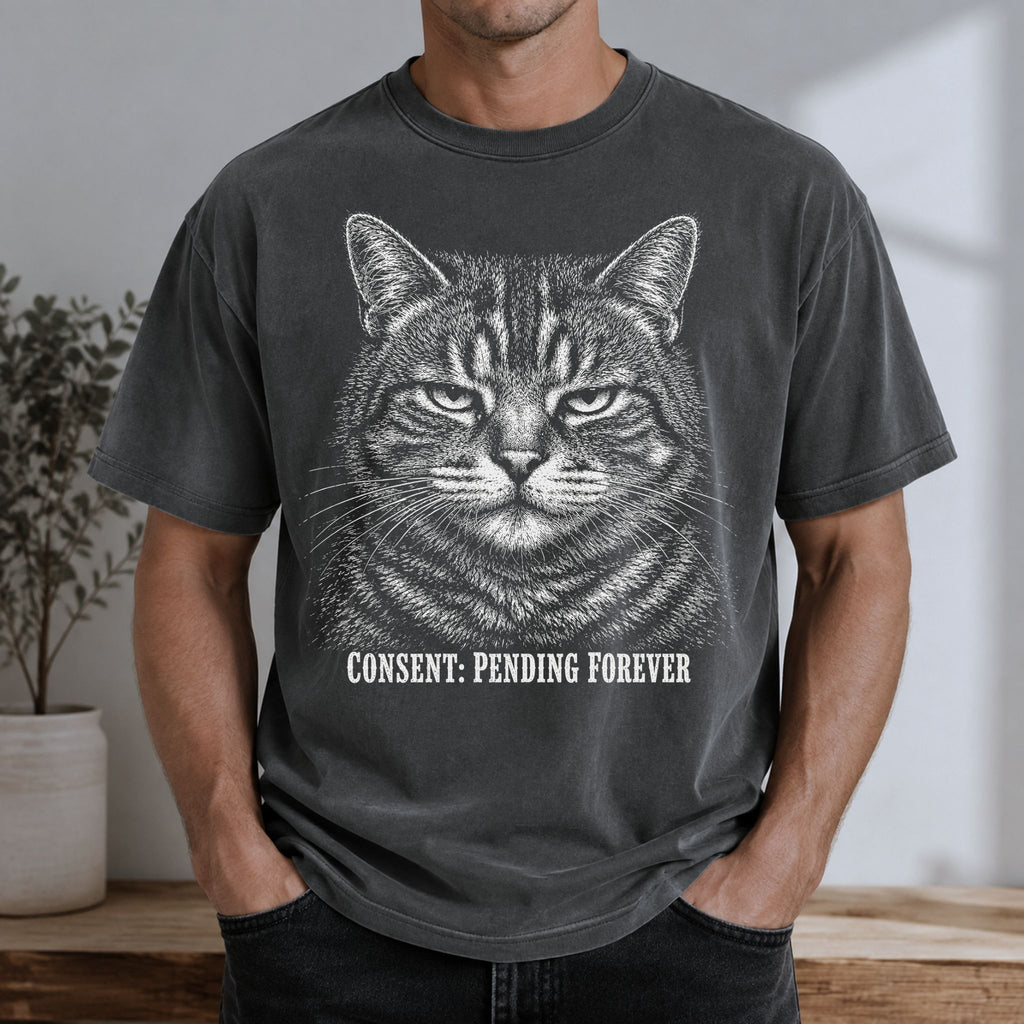 Man wearing a Pepper Pending Forever t-shirt with a large tabby cat graphic